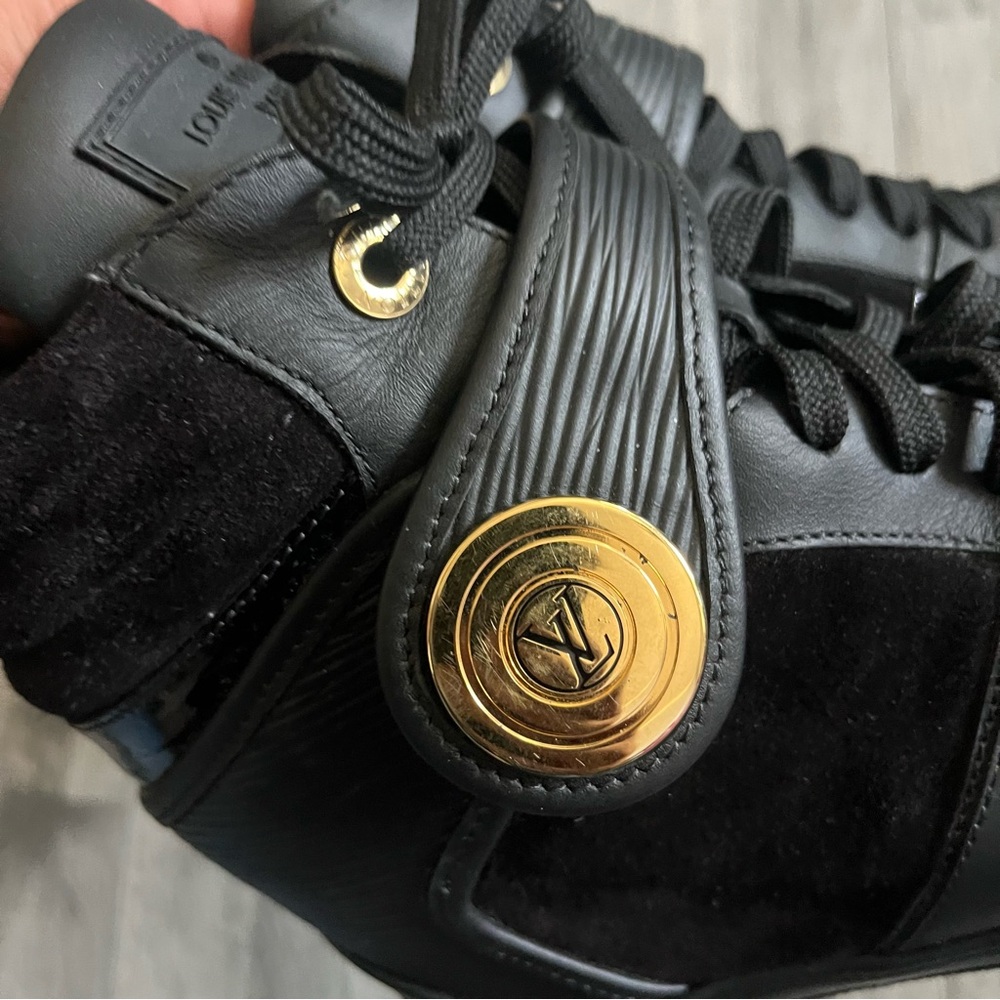 Authentic Louis Vuitton Black High-Top Sneakers with Gold Accent - Picture 7 of 13
